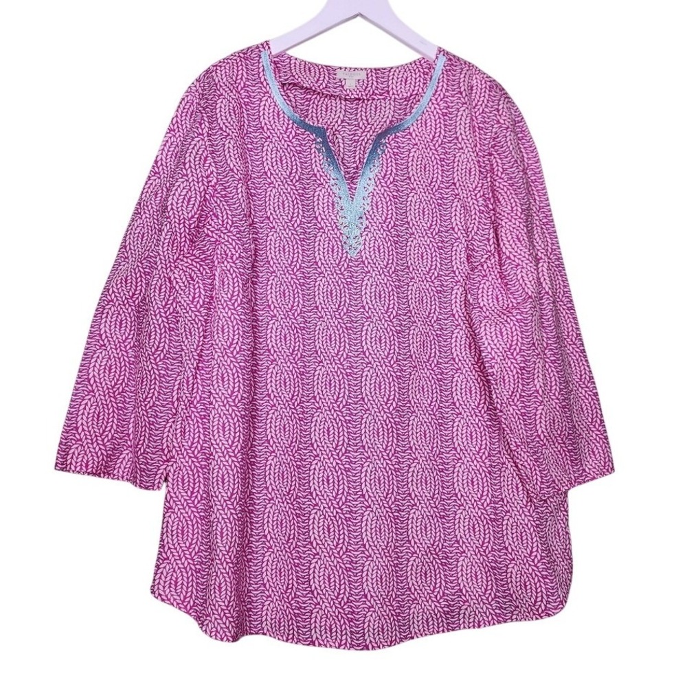 Talbots Cotton Tunic Top Pink Blue Embroidered 3/4 Sleeve Preppy Pullover L